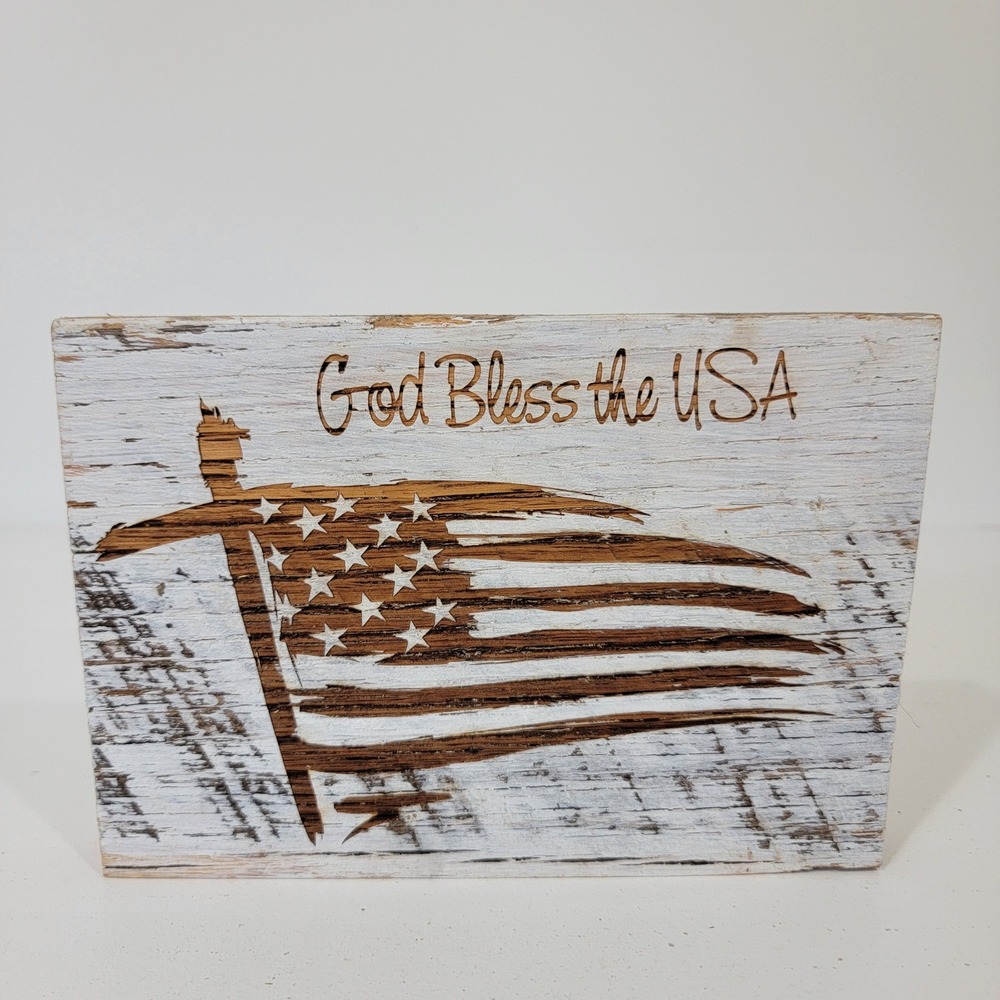 God Bless the USA Rustic Reclaimed Wood Block Sign Patriotic American Flag Decor